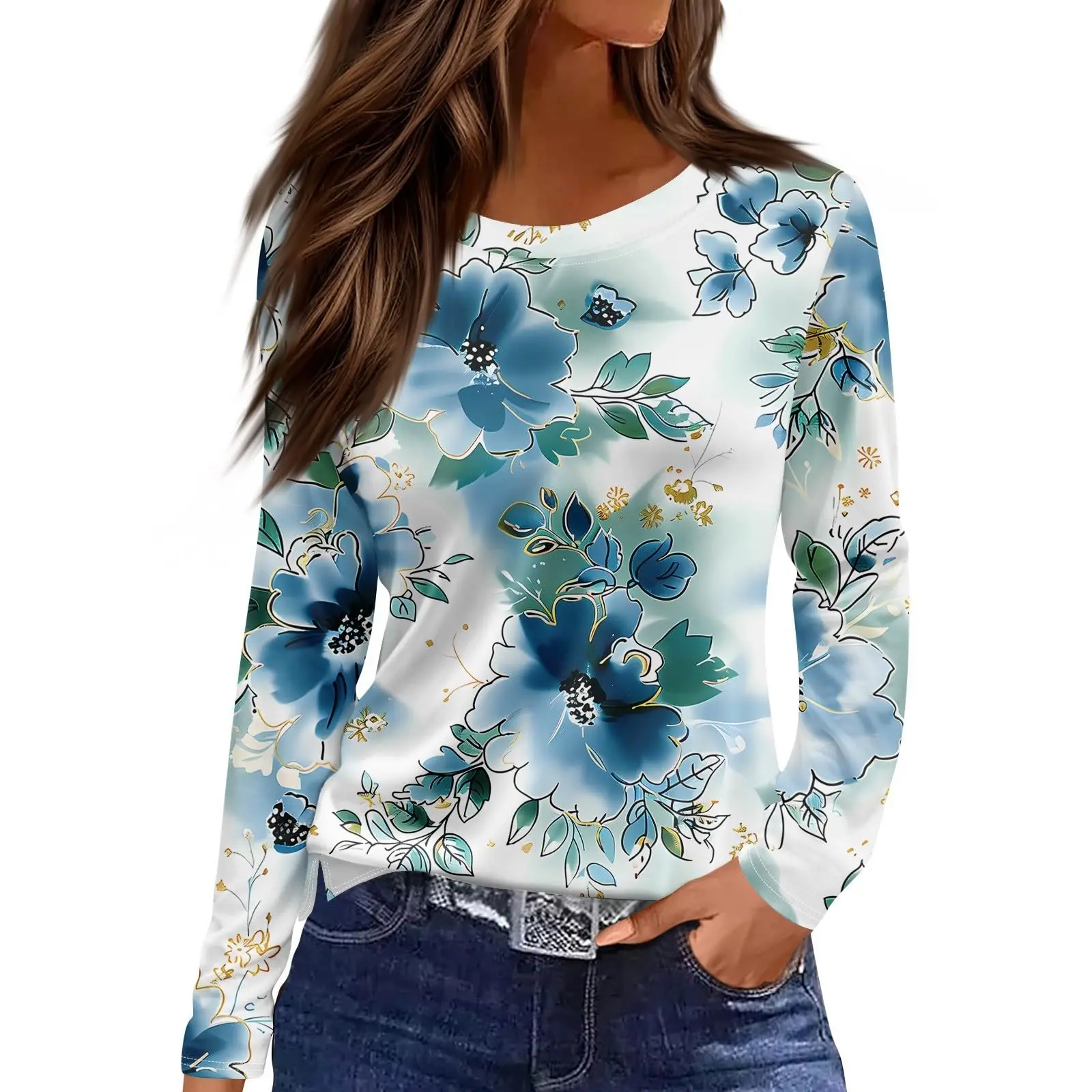 Automne Floral impression 3d à manches longues T-Shirt décontracté femmes vêtements à manches longues T-shirt mode décontracté surdimensionné hauts t-shirts femme