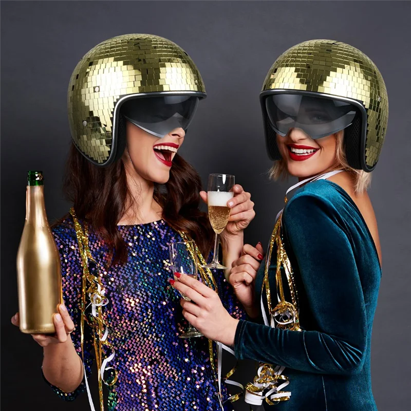 ABQR Casco da discoteca con visiera retrattile Casco da discoteca in vetro con specchio glitterato Punk per feste in club