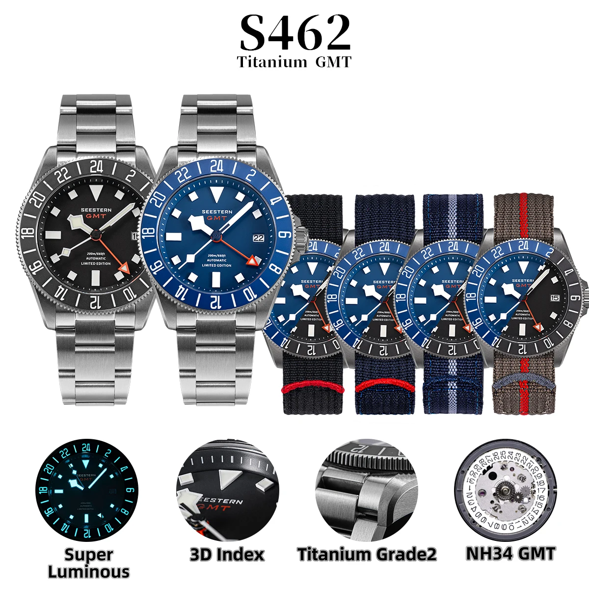 SEESTERN Diver Man นาฬิกาไทเทเนียมอัตโนมัติ GMT นาฬิกาข้อมือ NH34 การเคลื่อนไหว Sapphire คริสตัล 20ATM กันน้ํา Lume S462