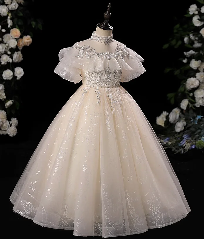 Iridescente nuovissimi abiti da ragazza di fiori bianco Champagne Party Pageant comunione bambini piccoli bambini vestito per il matrimonio