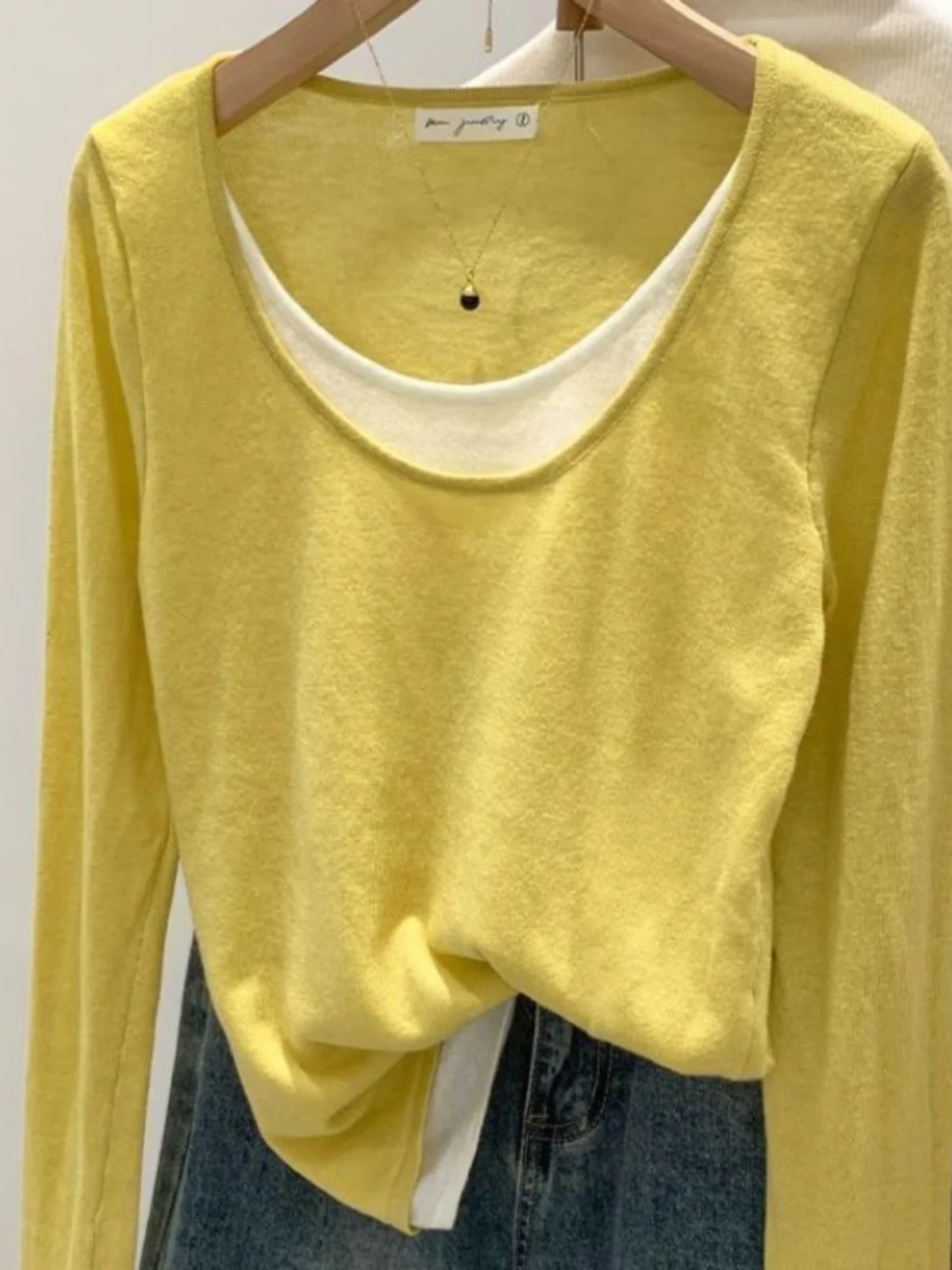 

Свободный вязаный базовый топ для женщин, весна-осень, большие размеры, повседневный, свободного кроя, с эффектом двухслойности, цветной, имитация двух частей, внутренний топ