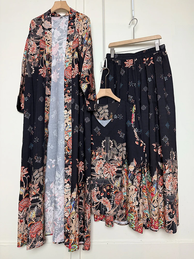 

Кардиган в стиле ретро с геометрическим принтом, комплект из трех предметов для женской одежды осень 2024, пуловер без рукавов + комплект свободной юбки и брюк