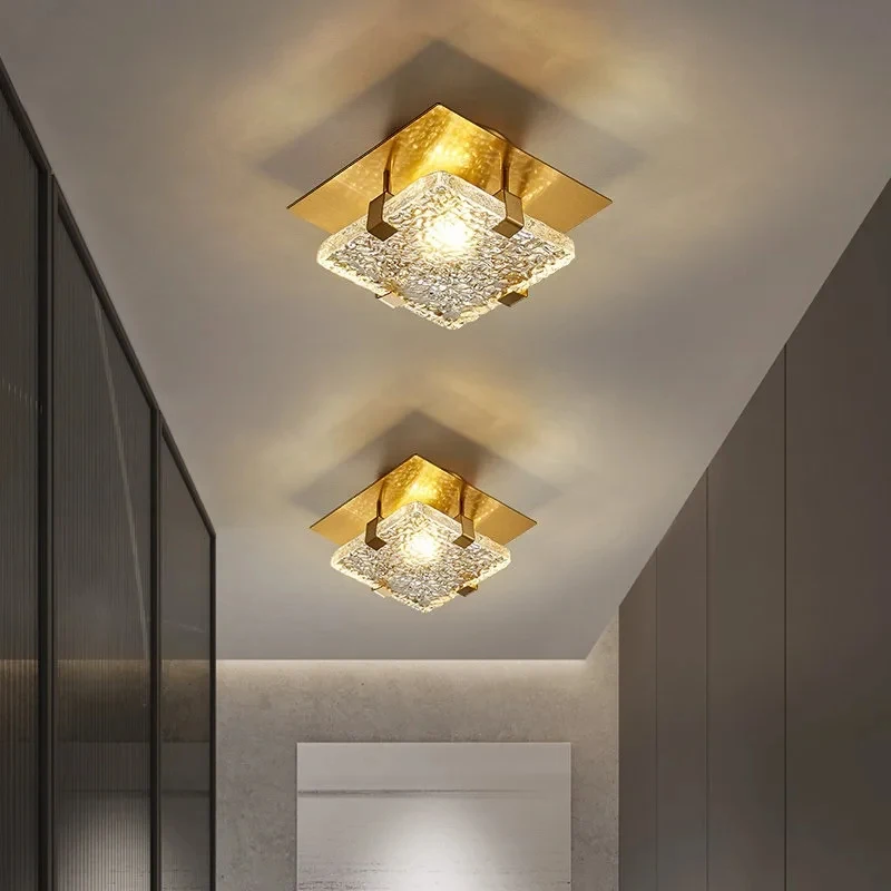 Modern Gold Square Flush Mount Ceiling Light Textured Water Ripple Glass LED Lamp Minimalist Indoor Light For Hallway Entrance B