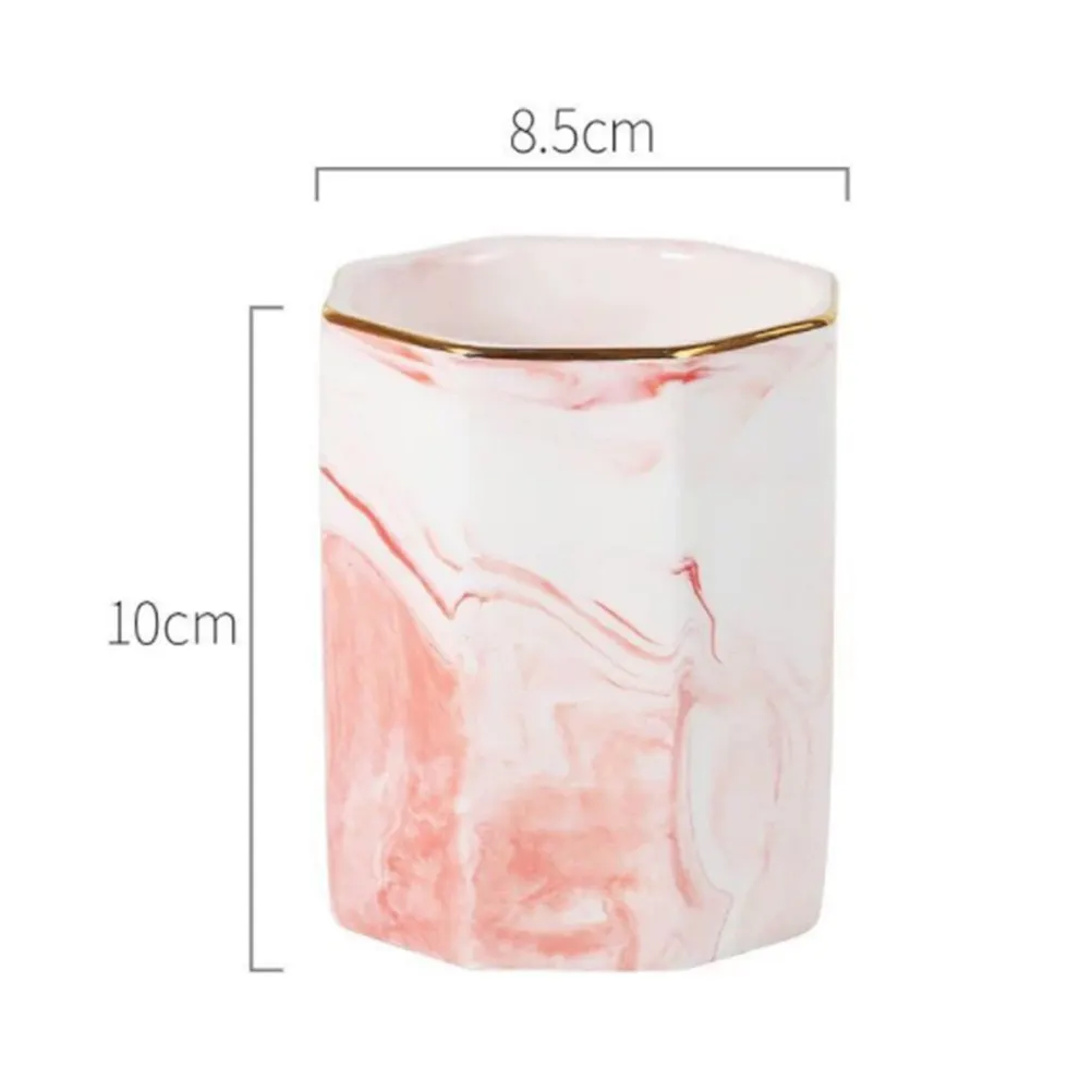 1Pic Marble Pattern Ceramic Pen Holder Pink Gold Rimmed Storage Cup for Makeup Brushes Organizing Daily Essentials