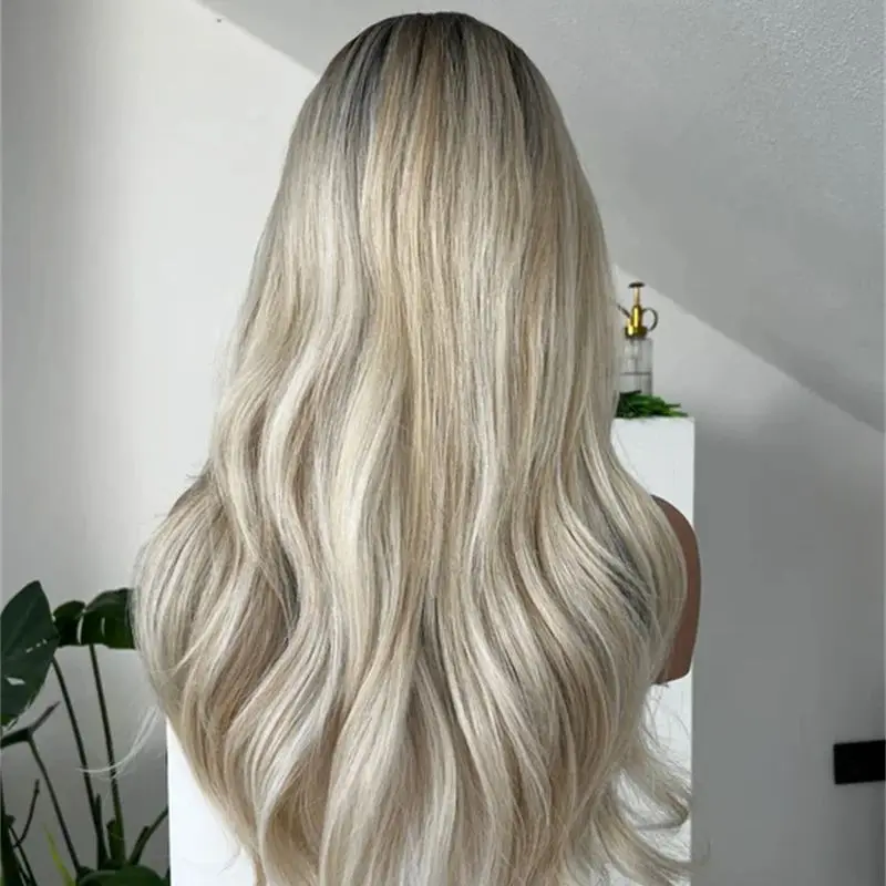 Synthetic Wig Ombre Ash Blonde HD Lace Frontal Wig Premium Human Hair Blended Synthetic Wigs Preplucked Hairline For Women Daily