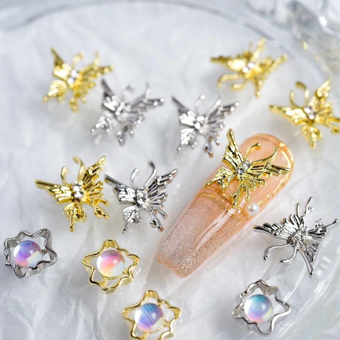 

Gold Silver Metal Butterfly Nail Charms Jewelry Art Decoration DIY Rhinestones Parts 3D Crystal Shiny Alloy Manicure 2303-013