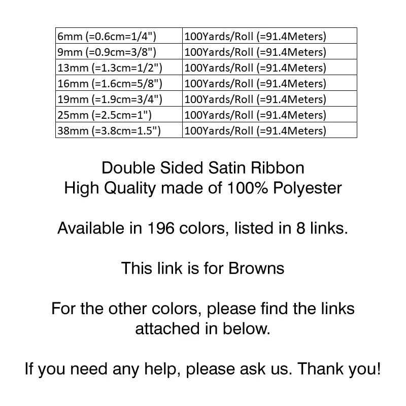 100Yards 6/9/13/16/19/25/38mm Brown Double Sided Satin Ribbon Solid Color Silky Ribbons 100% Polyester Smooth Ribbon Tapes
