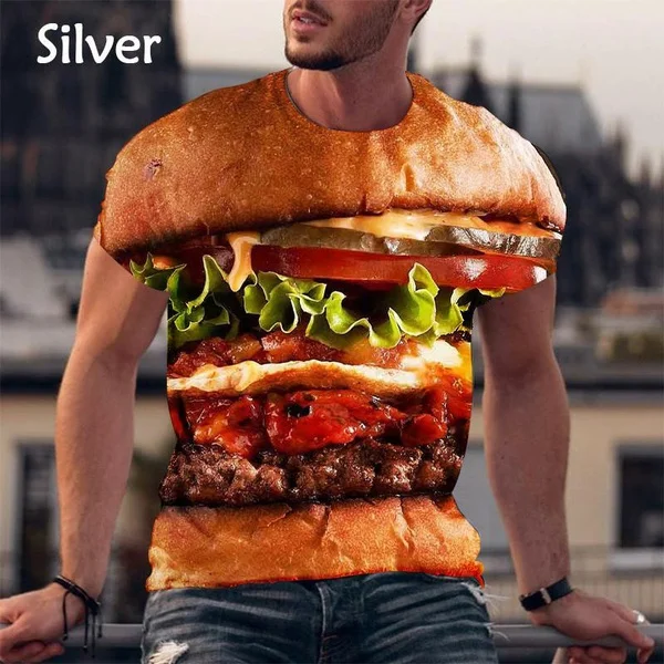 Fashion Burger Pizza Fries 3D Printing Men\'s Round Neck Summer Short Sleeve Tops T-shirt