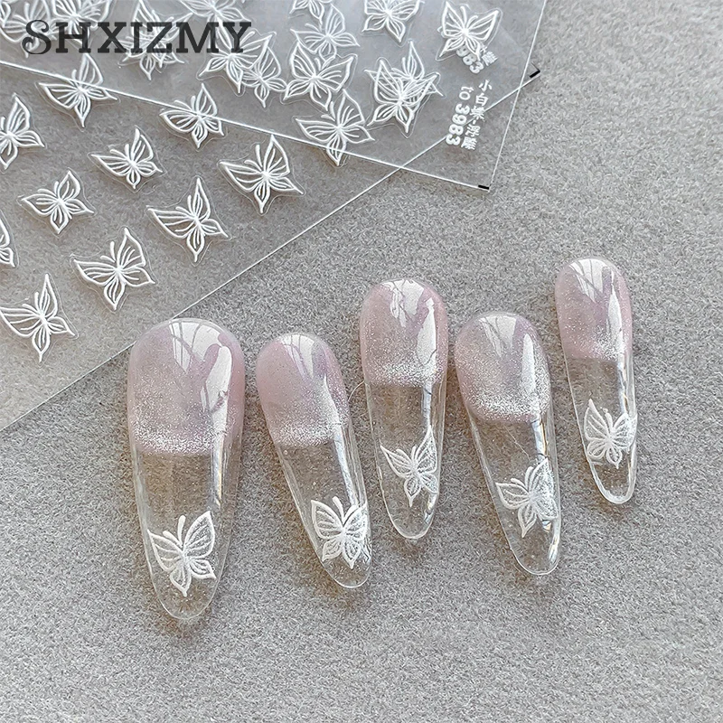 Autocollants 3D pour Ongles avec Coquille Brillante et Petit Papillon Blanc, Décalcomanies de Décoration pour Nail Art et Manucure à Faire Soi-Même