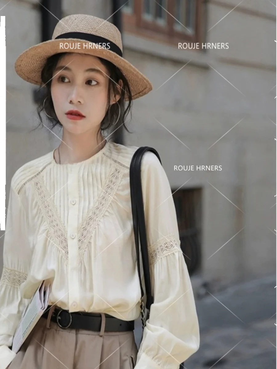 

Long Sve round Ne irt Women's Premium Versatile Blouse Rouje ners Spring 2024 Regular Thin A-Line Sve