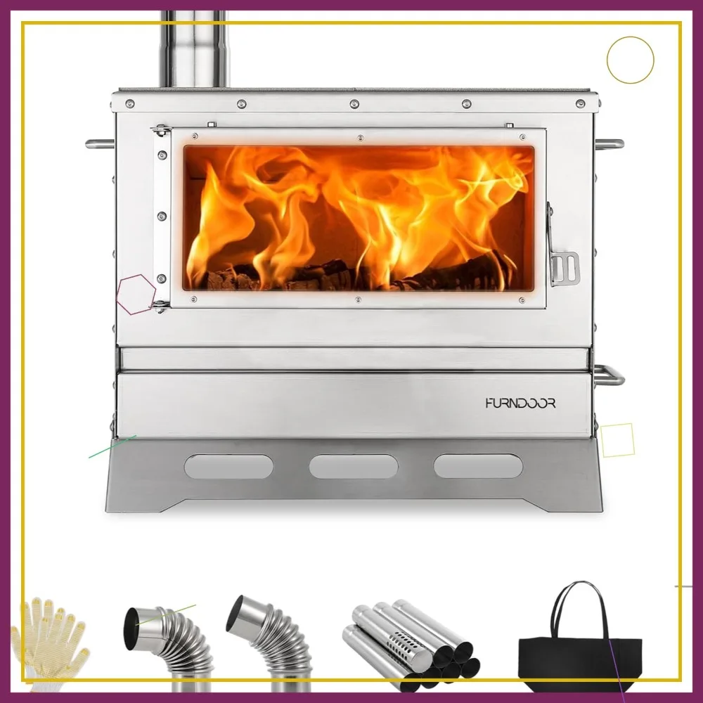 

Портативная дровяная печь для палатки с дымоходом и смотровым окном - для обогрева и приготовления пищи на природе, для кемпинга и охоты