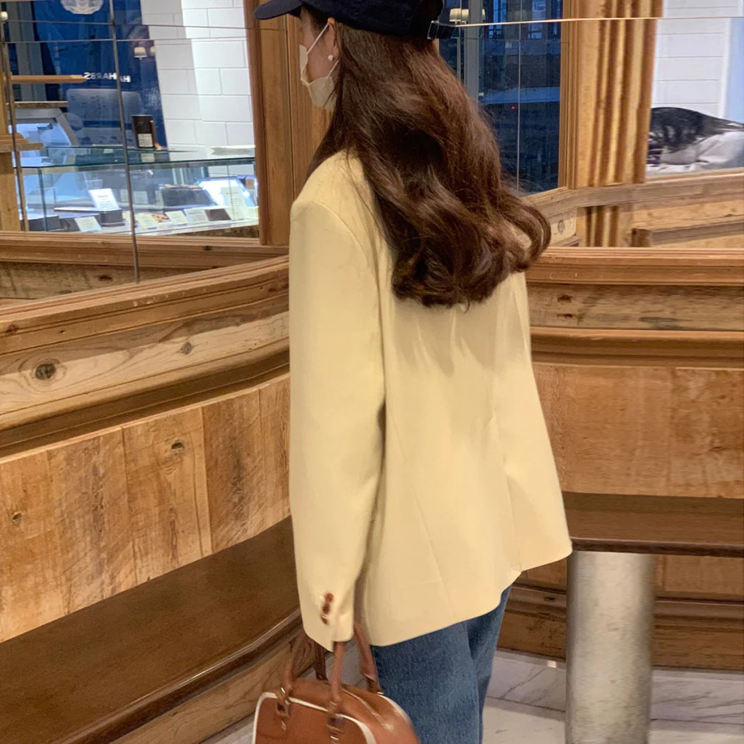 بدلة نسائية كورية أنيقة من Jaet باللون الأصفر الدافئ بزر واحد فضفاض غير رسمي مناسب للتنقل ومتعدد الاستخدامات طويل Sve #5