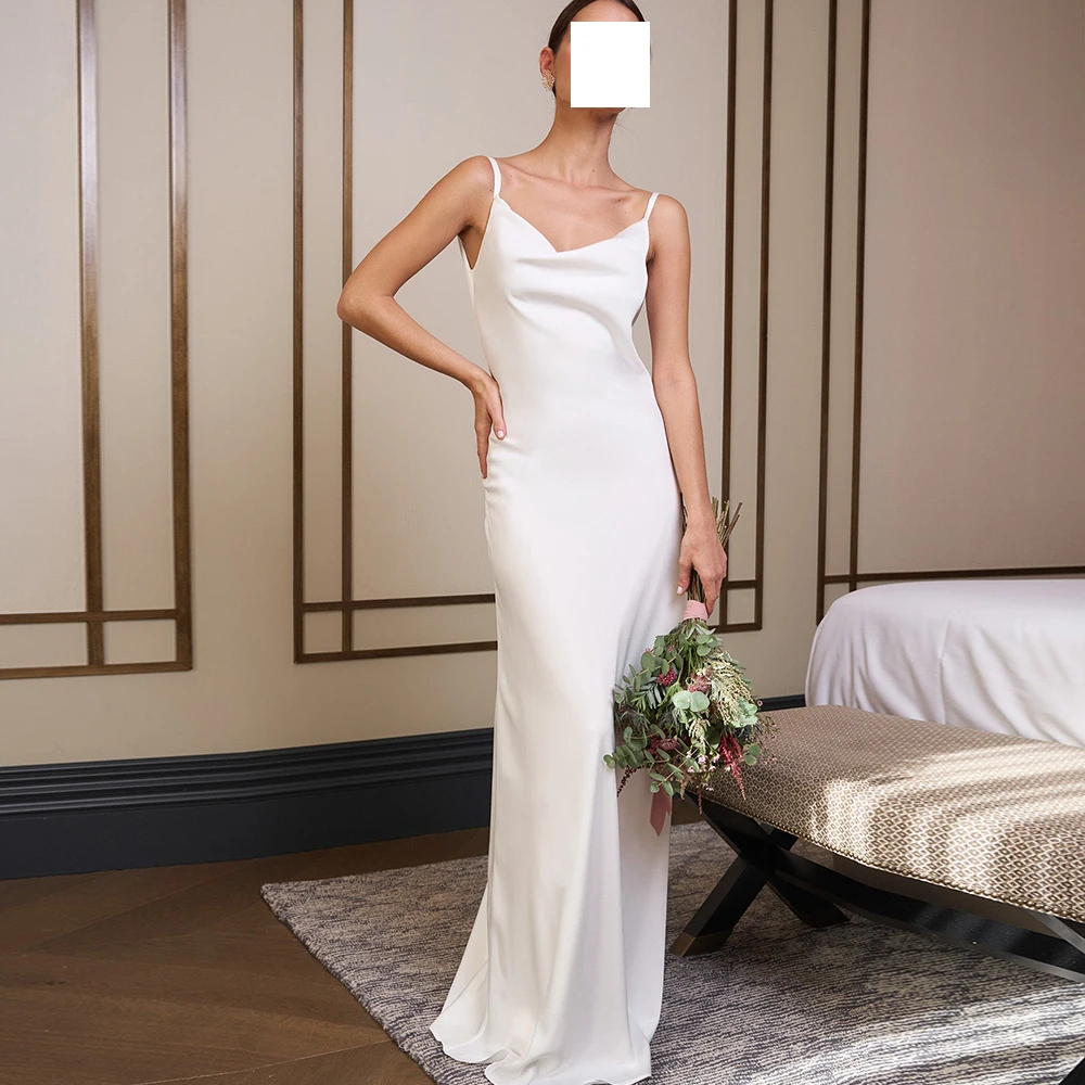 

Sexy White Spaghetti Straps V-Ncek Evening Dress Straight Jersey Floor Length Simple Sleeveless Pleat Open Back Custom Made Gown