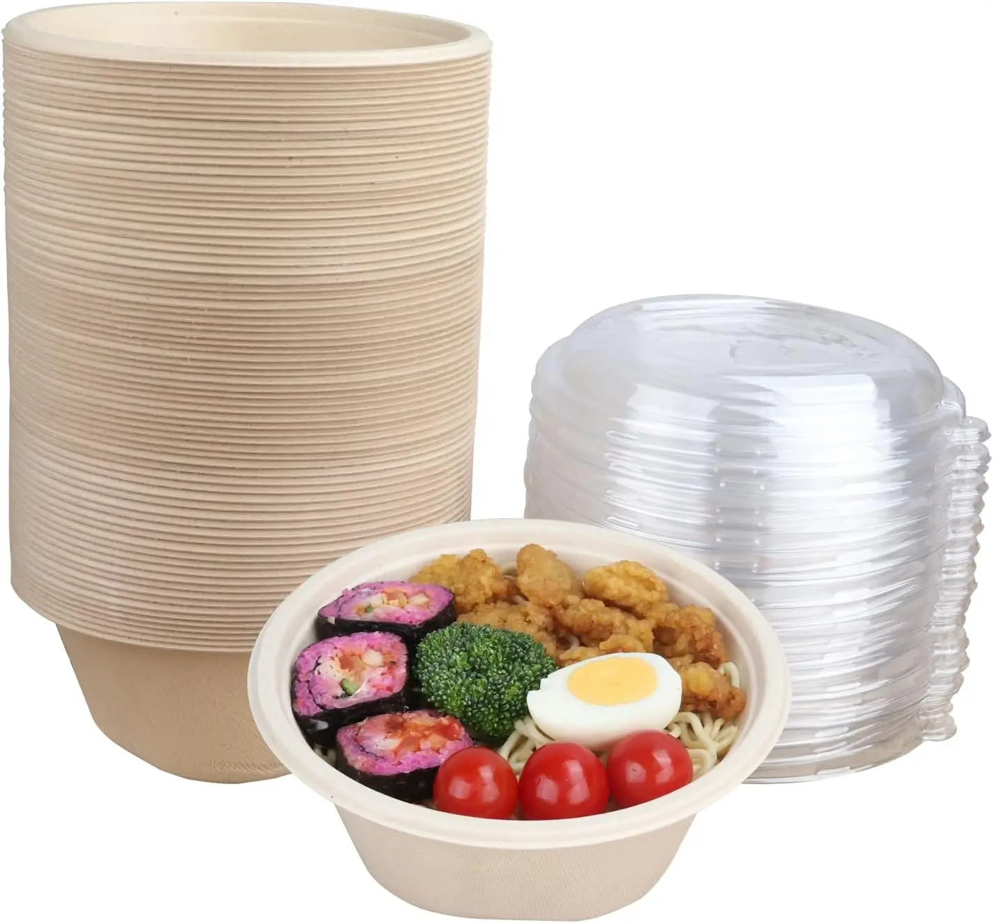 

24 oz Round Disposable salad bowls with lids, Sugarcane Fiber Paper Bowls Plant Fibers Freezer Safe 50 Pack