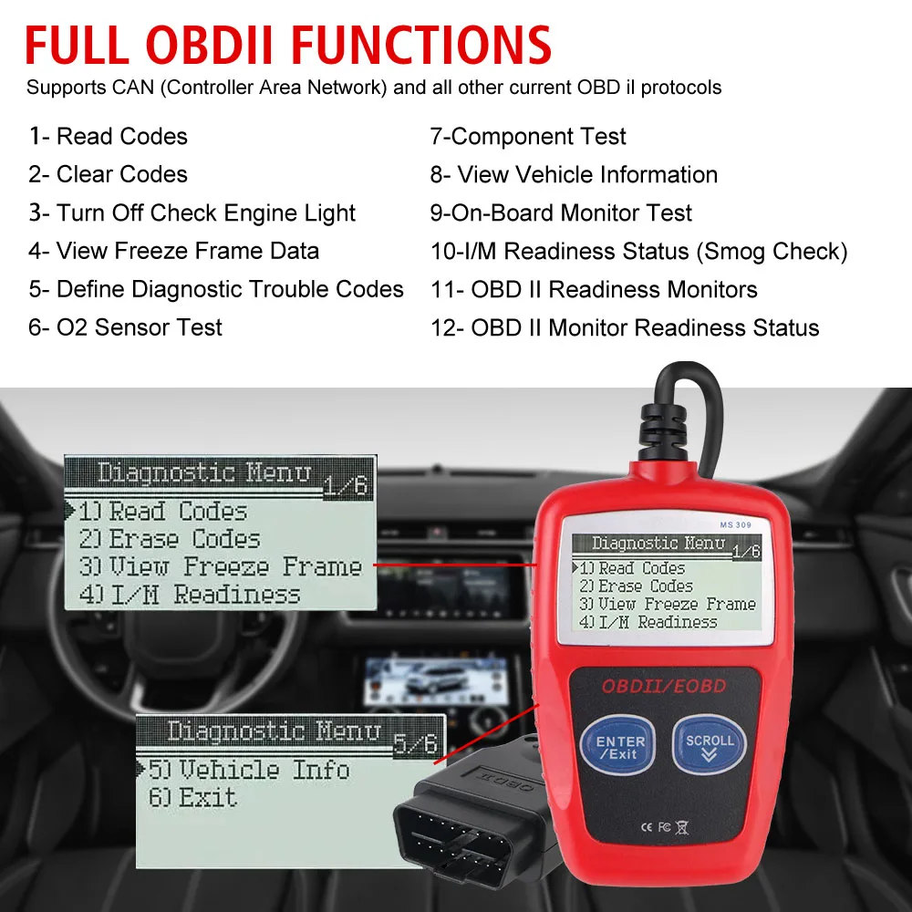 MS309 12V Car Diagnostic Tools OBD2 Code Reader Digital Fault Code Clear OBD 2 Scanner Engine Light O2 Sensor Tester Accessories