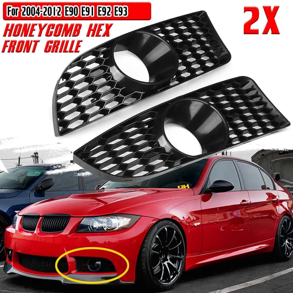 2x Car Front Grille Grill Lower Bumper Fog Light Cover Trim For E90 E91 E92 E93 2004-2012 M3 Style