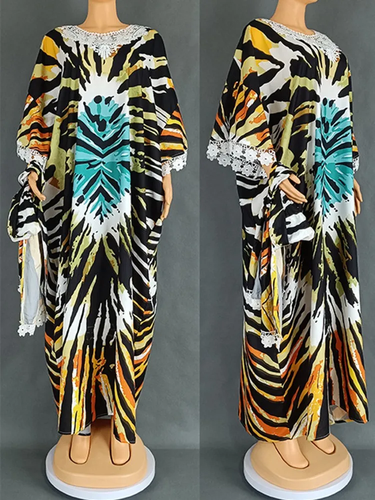 Vestido maxi de renda estampado para mulheres muçulmanas, caftan solto, marocchino, islâmico, vestuário turco, Dubai, Abaya, Dashiki