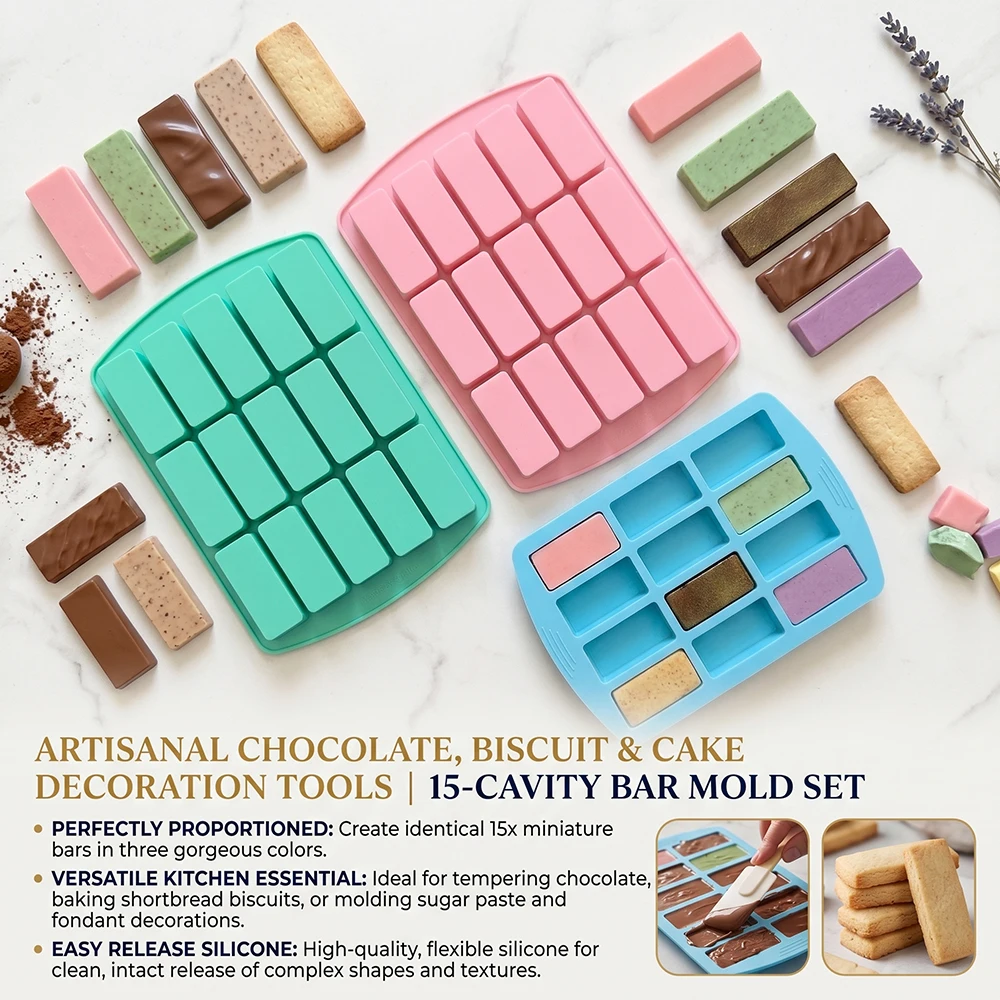 Molde de silicona rectangular de 15 cavidades - molde para caramelos de caramelo, adecuado para trufas de chocolate, ganache, gelatina, dulces de nueces