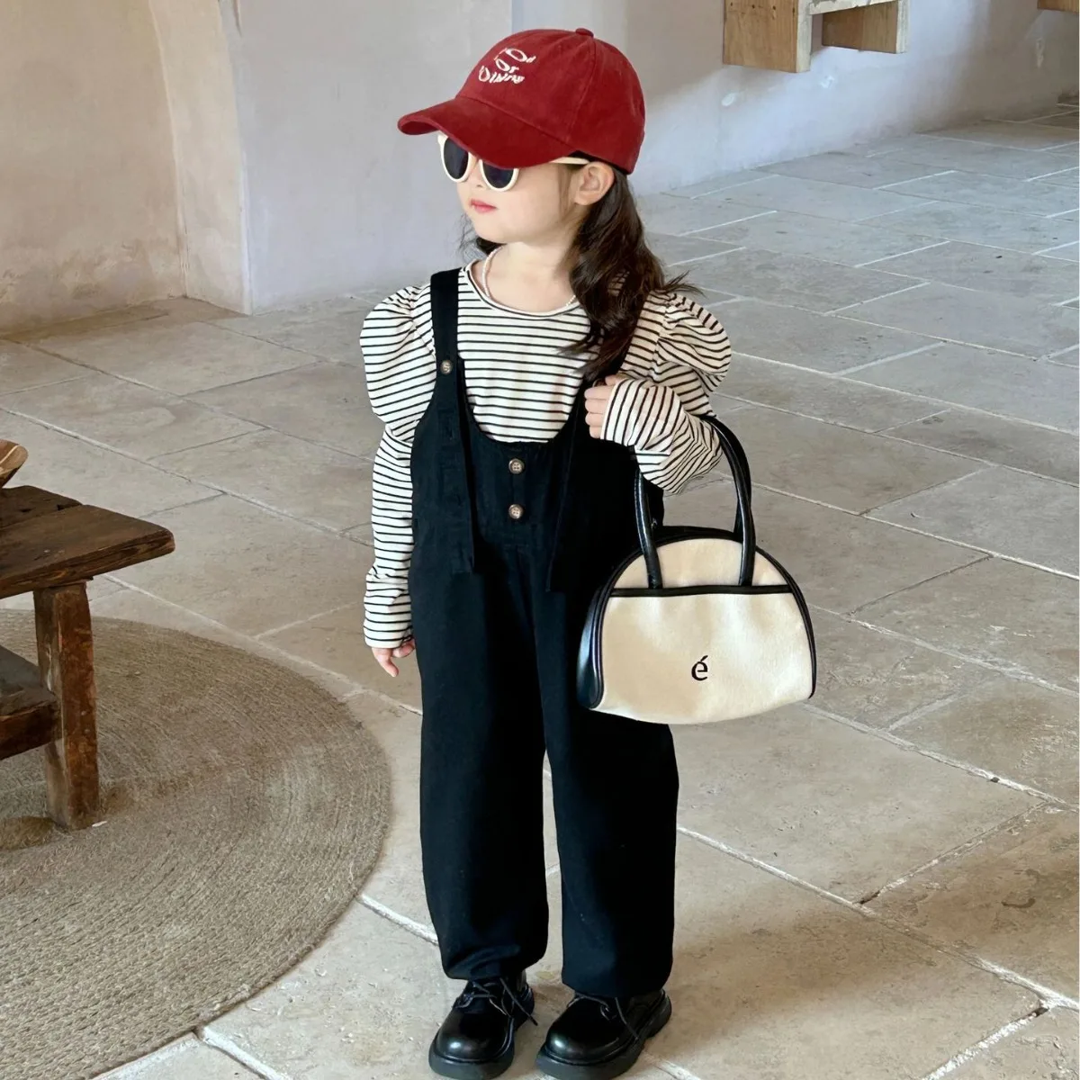 

Girls Suit 2024 Autumn New Childrens Clothes Korean Style Fashion Suspenders Bubble Sleeve Striped T-shirt 2 Sets Casual Simple