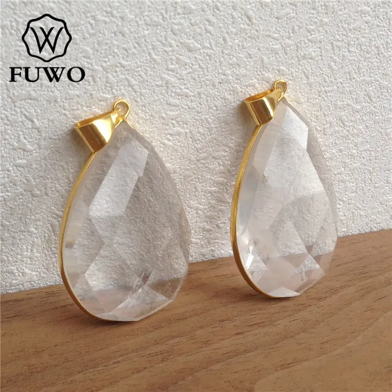 FUWO 1PCS ciondolo in quarzo trasparente sfaccettato, lunetta in ottone placcato dorato accessori in cristallo bianco per collana Make PD205