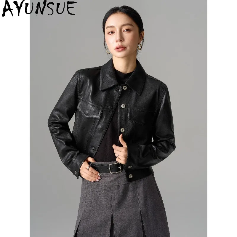 AYUNSUE A-grade Elastic Sheepskin Jackets for Woman Autumn Luxury Short Commute Outerwear Black Jacket Woman Clothes Ropa Mujer