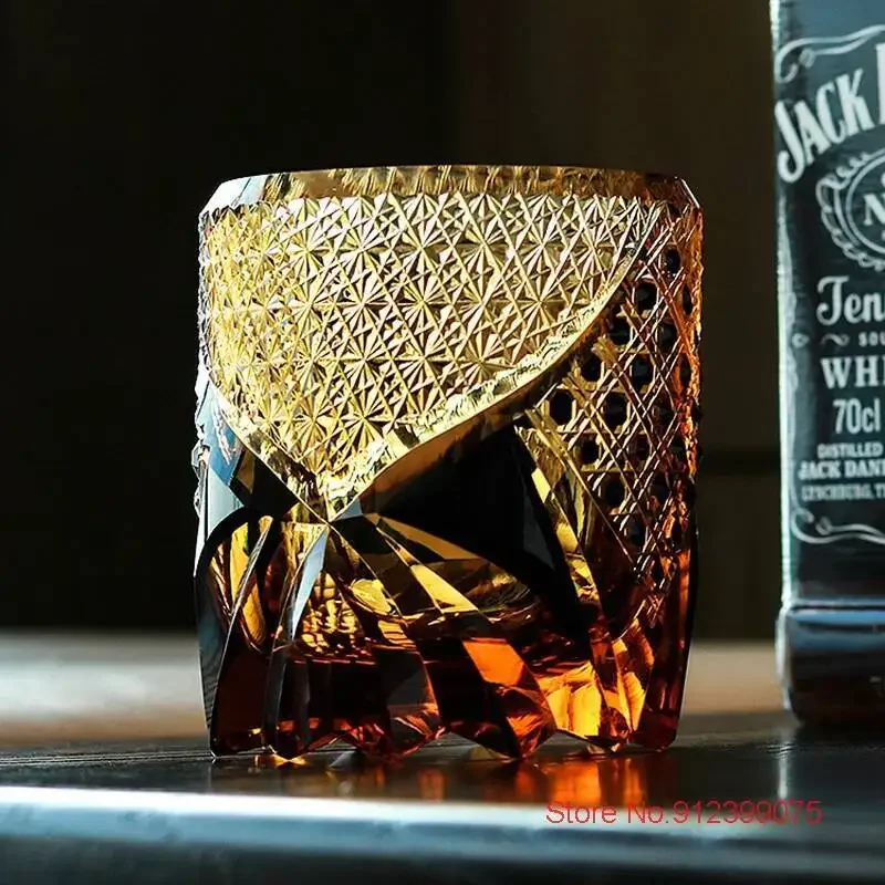 3D Relief Royal Court XO Whisky Tasting Cup Japanese Edo Kiriko Crystal Wine Glasses Manual Diamond Cut Amber Gem Whiskey Glass