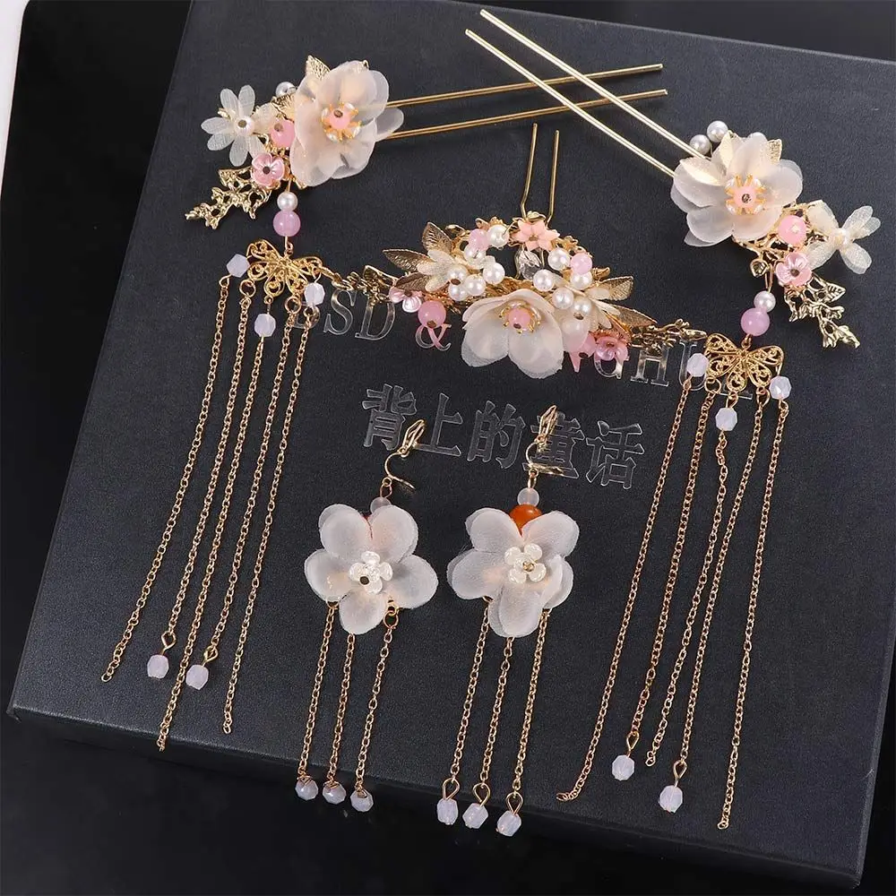 Women Girls Long Fashion Chinese Crystal Tassel Hanfu Hair Stick Earrings Hair Comb Headwear Sets