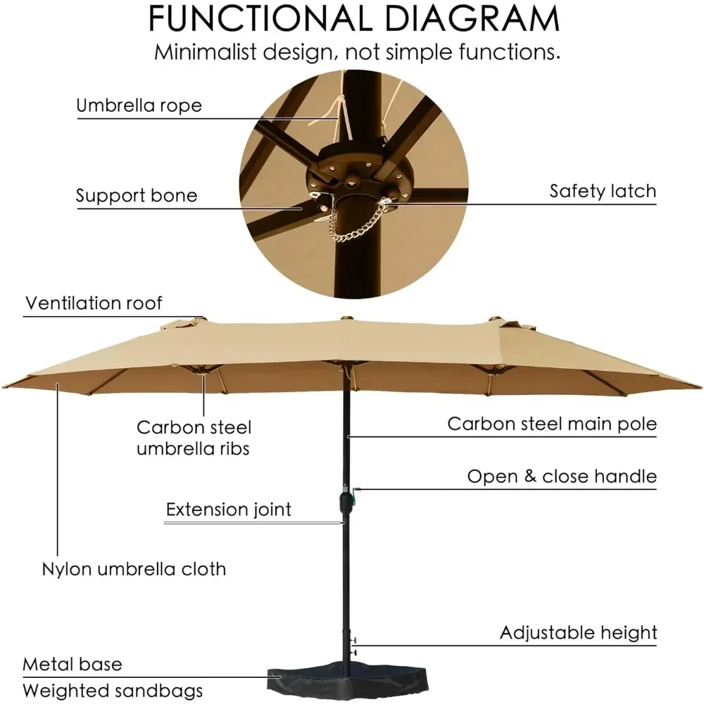 Guarda-sol dupla face, guarda-chuva de alumínio com manivela e base, para pátio ao ar livre, 14 polegadas