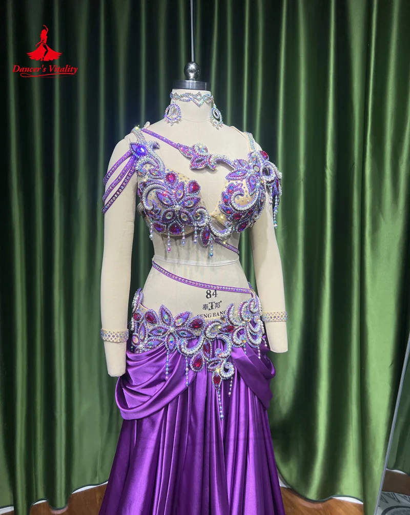 Belly Dance Costume Set for Women Senior AB Stones Bra+satin Long Skirt 2pcs Custom Oriental Belly Dancing Performance Outfit