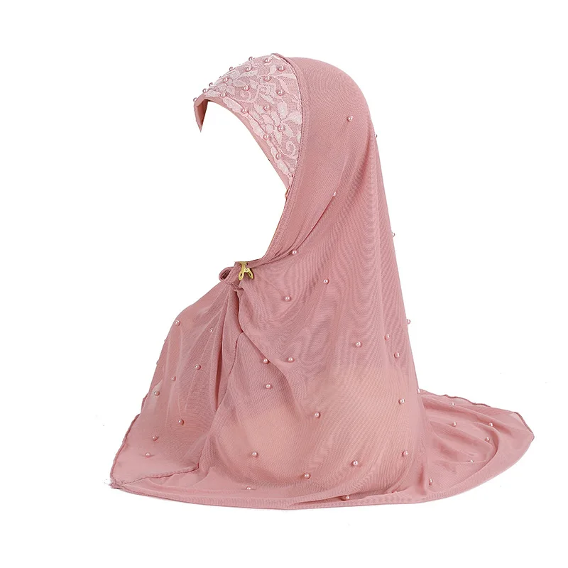 One piece Casual Muslim Women's Girls Hijabs Double-layer Mesh Beaded Arabic Headscarf Fashion Hat