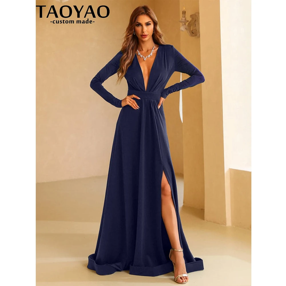 TaoYao Women Evening Dresses New Elegant A Line V Neck Prom Dresses Long Sleeve Split Thigh Formal Party Gowns Elegant 2023