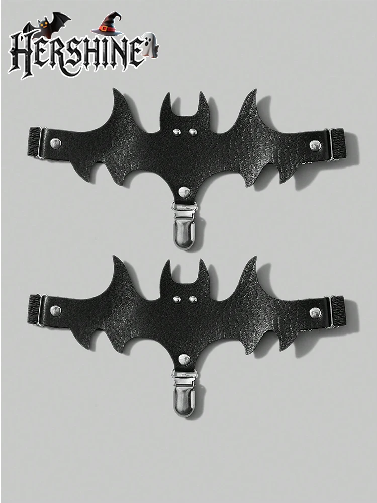 HERSHINE 2-teiliges Set aus schwarzen Halloween-Strumpfbändern in Fledermausform für Damen, Leggings, Y2K-Halloween-Outfit-Accessoires im dunklen Stil