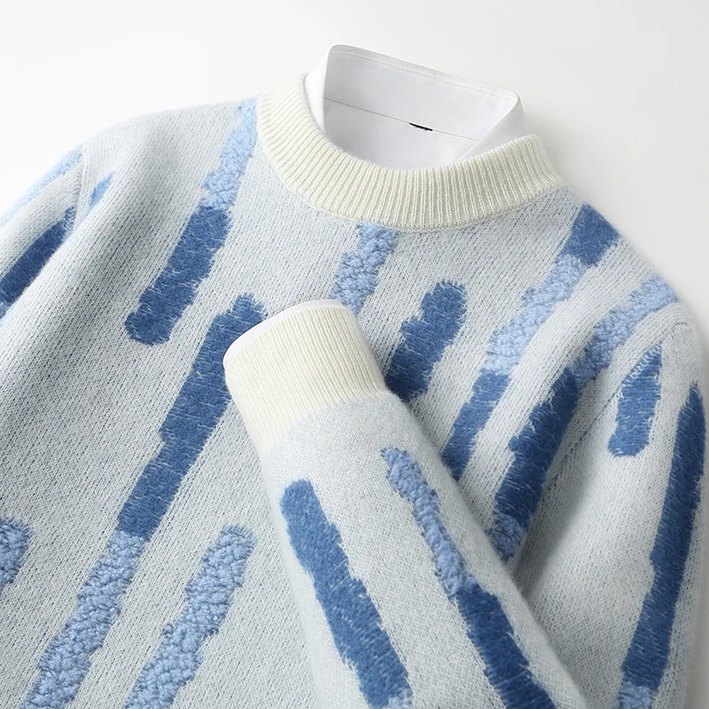 جديد 100% الصوف الخالص الرجال س الرقبة البلوز 2025 الخريف/الشتاء اللون مطابقة قمة عادية سميكة موضة كبيرة الحجم البلوز سترة