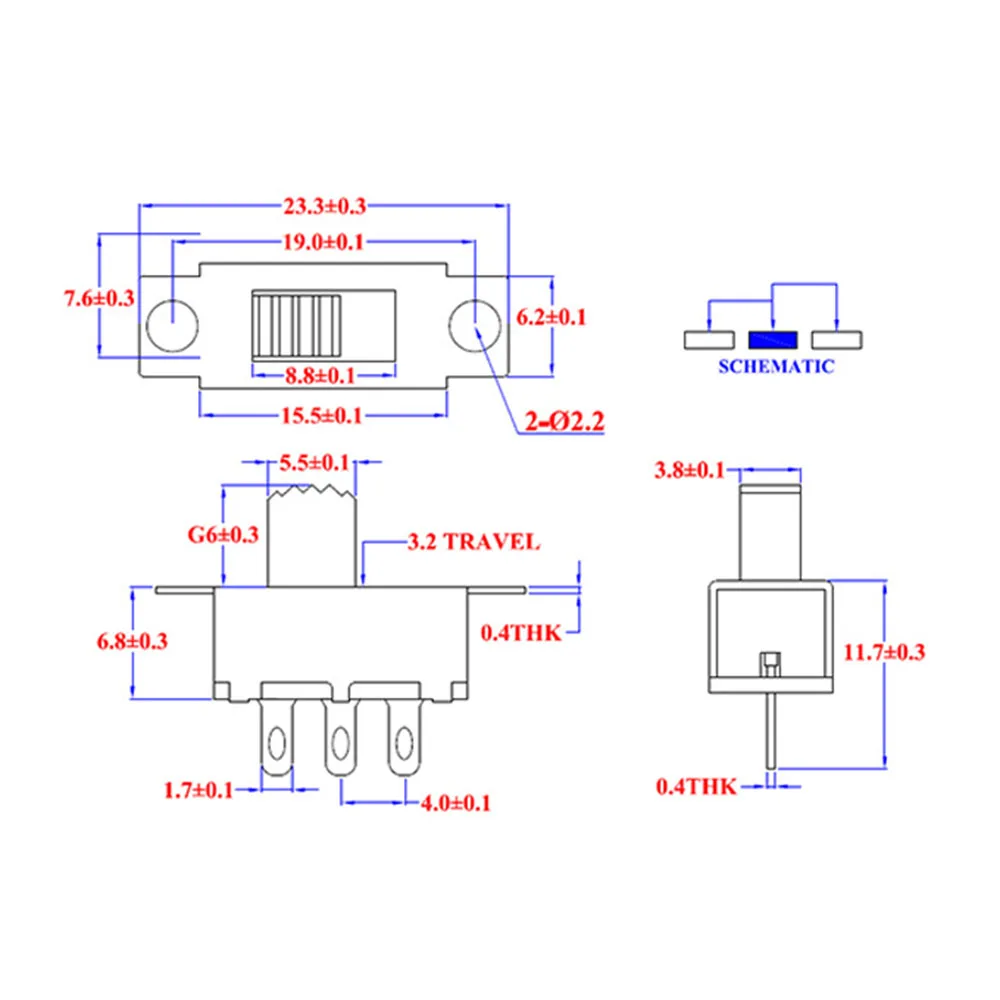 Interruptor de alimentación de palanca G4, 100 piezas, 2 posiciones, 3 pines, DPDT, 2P2D, mango alto de 4MM, paso de 4,0 MM, Interruptores deslizantes de montaje en Panel PCB