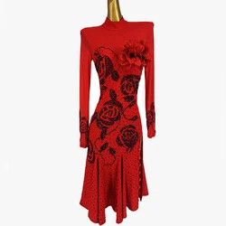 2022 Red Rose Latin Dance Dress Women Performance Costume Rhinestone Long Sleeves Dress Ballroom Dance Competition Wear BL8654