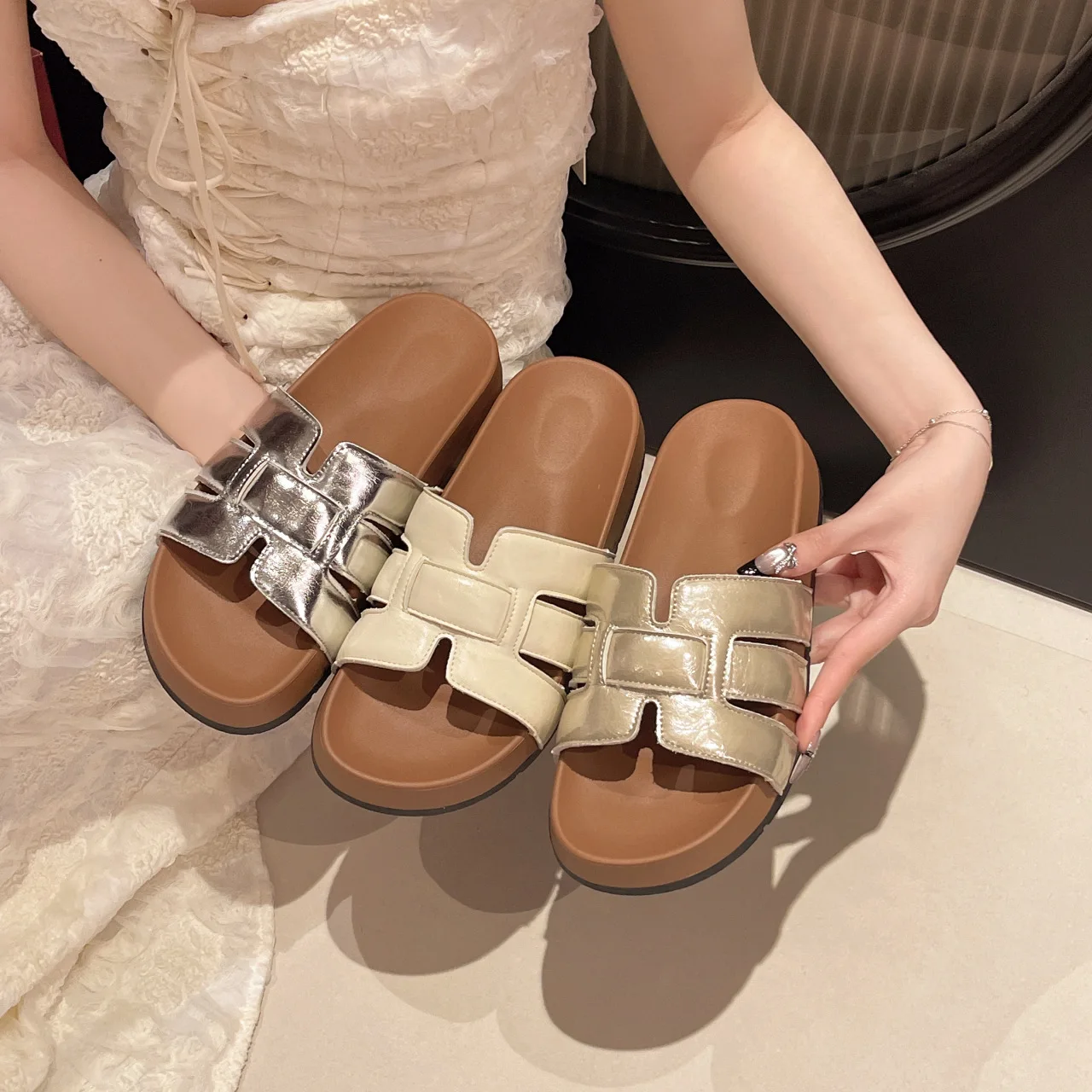 المألوف شقة القاع المنسوجة الصنادل المرأة الصيف ملابس خارجية لينة وحيد الراقية الإحساس تنوعا النعال باردة #3