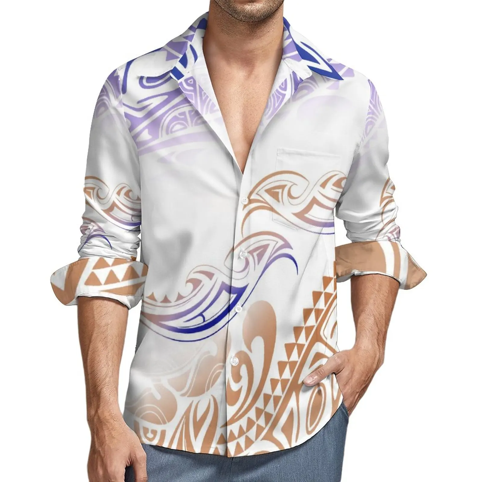 Support Your Design Women'S Crew-Neck Long-Sleeved Dress With Men'S Long-Sleeved Shirt Couple Dress Polynesian Tribal Design