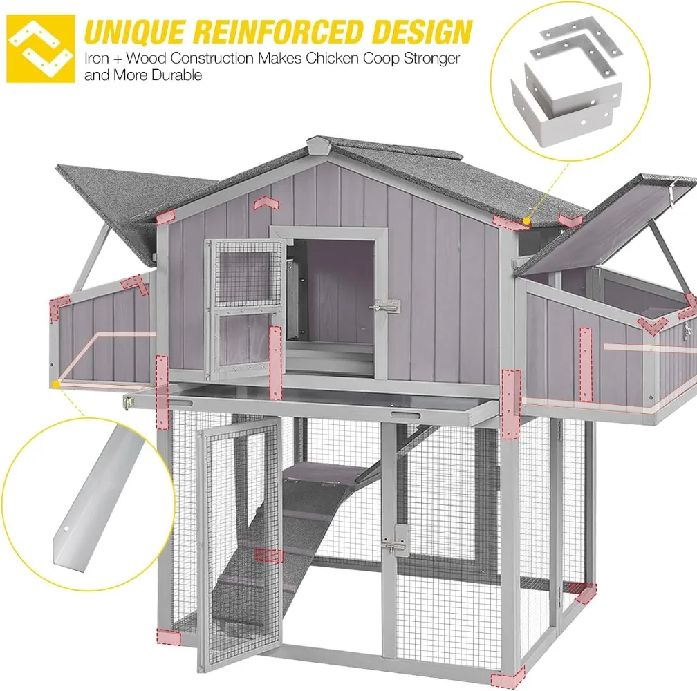 Polloero doble plegable, casa de madera de abeto con caja de anidación grande, mejora de jaula para aves de corral con marco de hierro fuerte y duradero