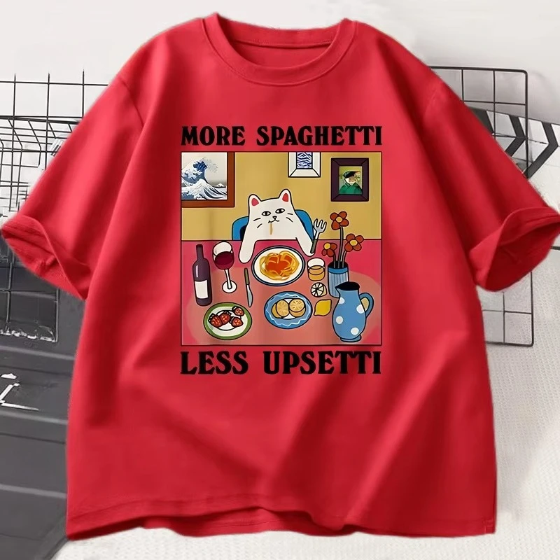 المزيد من السباغيتي أقل Upsetti مضحك القط تي شيرت المرأة المطبوعة Harajuku القطن قصير الأكمام القط عاشق الخريف والشتاء الملابس الداخلية