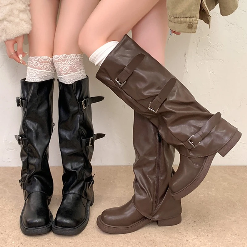 Vintage Ruched Western Women Knee High Boots Multi Metal Buckle Side Ziper Shoes Autumn Ladies Low Heel Long Booties