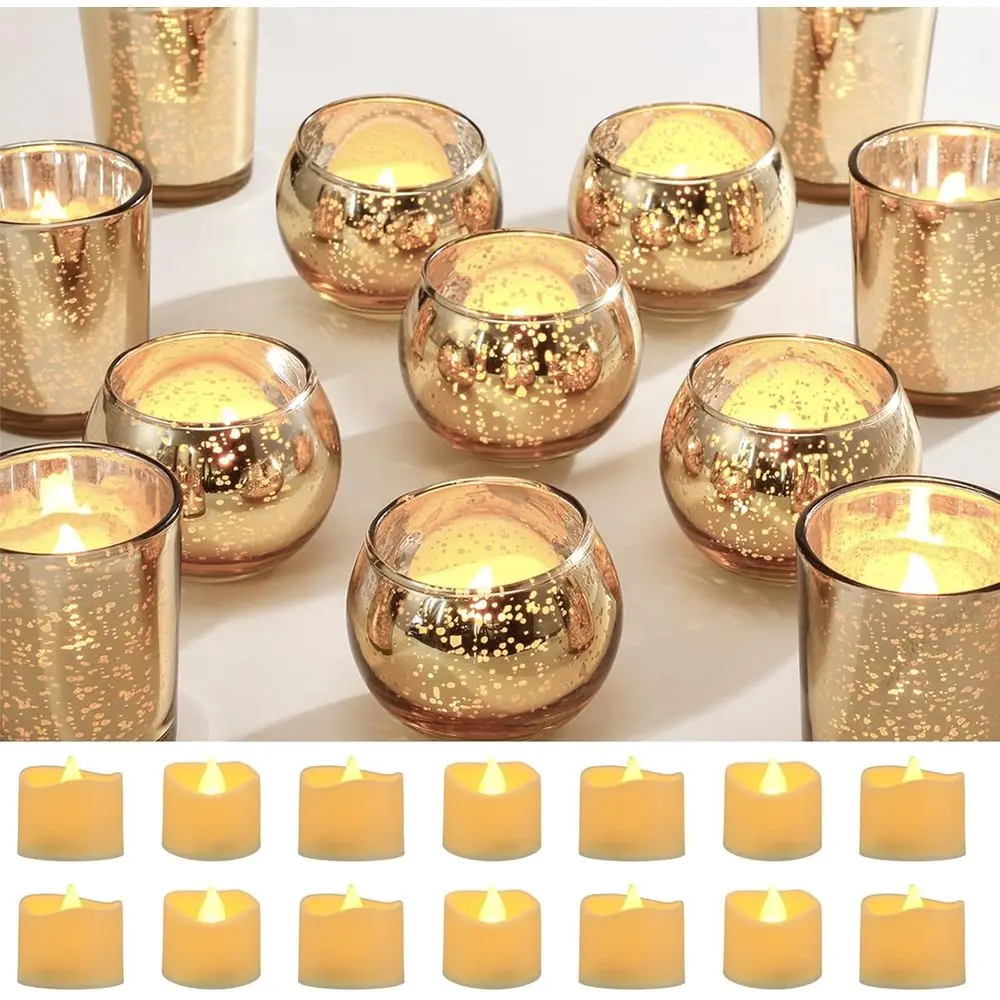 

Набор из 12 декоративных подсвечников для чайных свечей с LED-подсветкой, из стекла с эффектом ртути, на батарейках