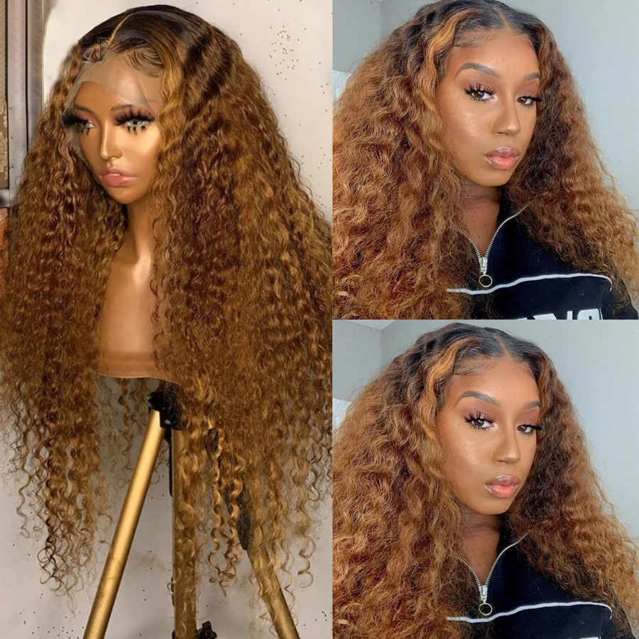 Perruque Lace Front Wig Deep Wave sans colle pour femmes noires, cheveux de bébé pré-épilés, douce et longue, blonde ombrée, densité 180, 26 po, 03/3