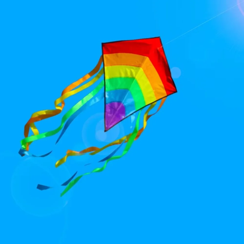 Cometa colorida de arcoíris fácil de volar con colas múltiples, cometa voladora para niños, línea de cometa de 80 metros, cometa de diamante de playa Ripstop