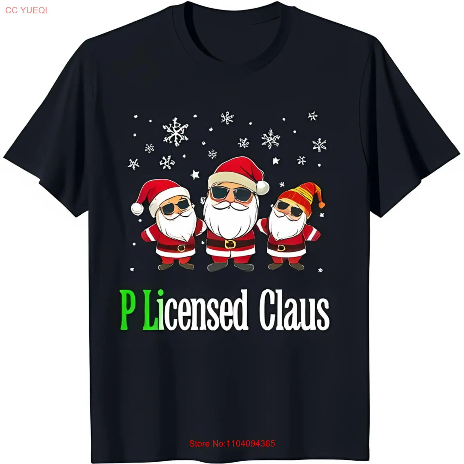

Funny Black T-Shirt with Three Santa Graphic Sunglasses & Snowflakes