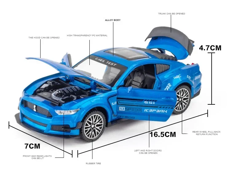 1:32 Ford Mustang Gt500 Supercar Legering Automodel Geluid Terugtrekken Auto 4 Open Deur Kindercadeaus Speelgoed