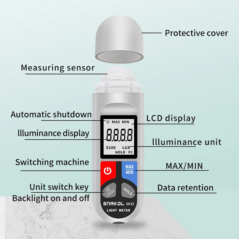SNAKOL SK32 Luxmetro digitale ad alta precisione 200.000 LUX Ampia gamma Unità automatica Commutazione Funzione di mantenimento dei dati Display retroilluminato