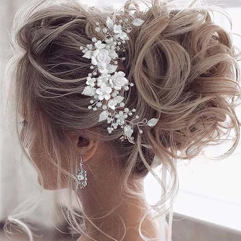 Flower Bride Wedding Hair Rattan Pearl Hair Leaf Hair Accessories Rhinestone Headband for Women and Girls (9 