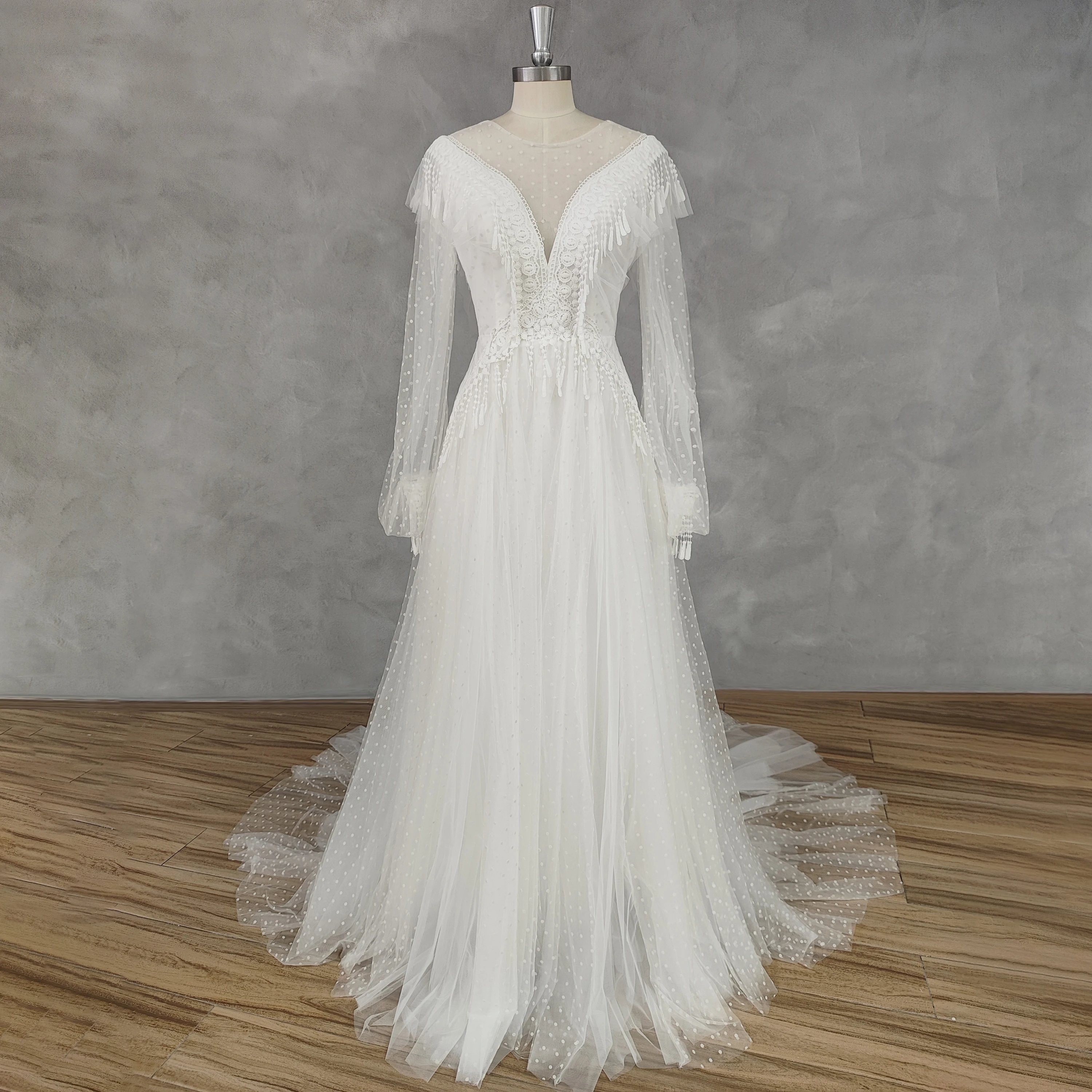 DIDEYTTAWL Real Picture Deep V-Neck A-Line Dot Tulle Long Puff Sleeves Wedding Dress Illusion Back Lace Court Train Bridal Gown