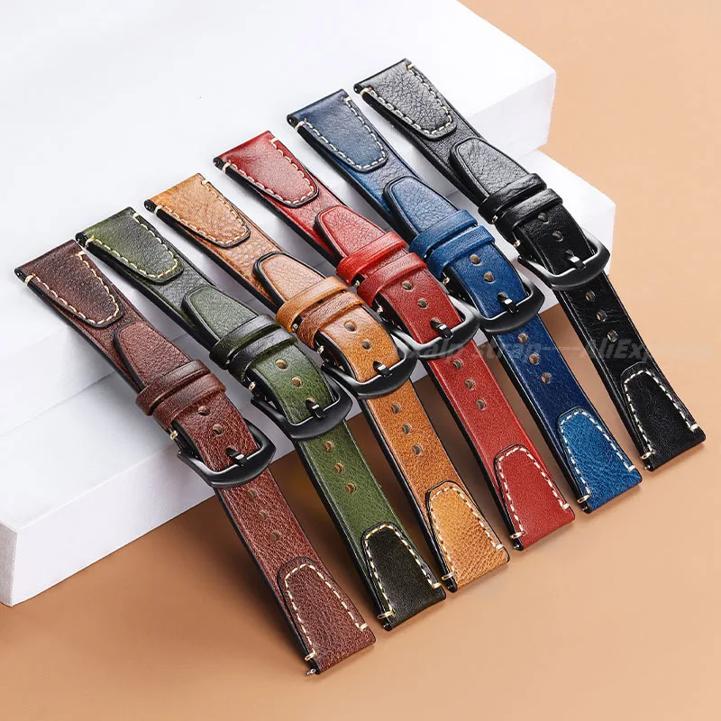 Retro Stitching Cowhide Watch Strap 18mm 20mm 22mm Genuine Leather Watchband for Rolex for Seiko Bracelet SmartWatches Wristbelt