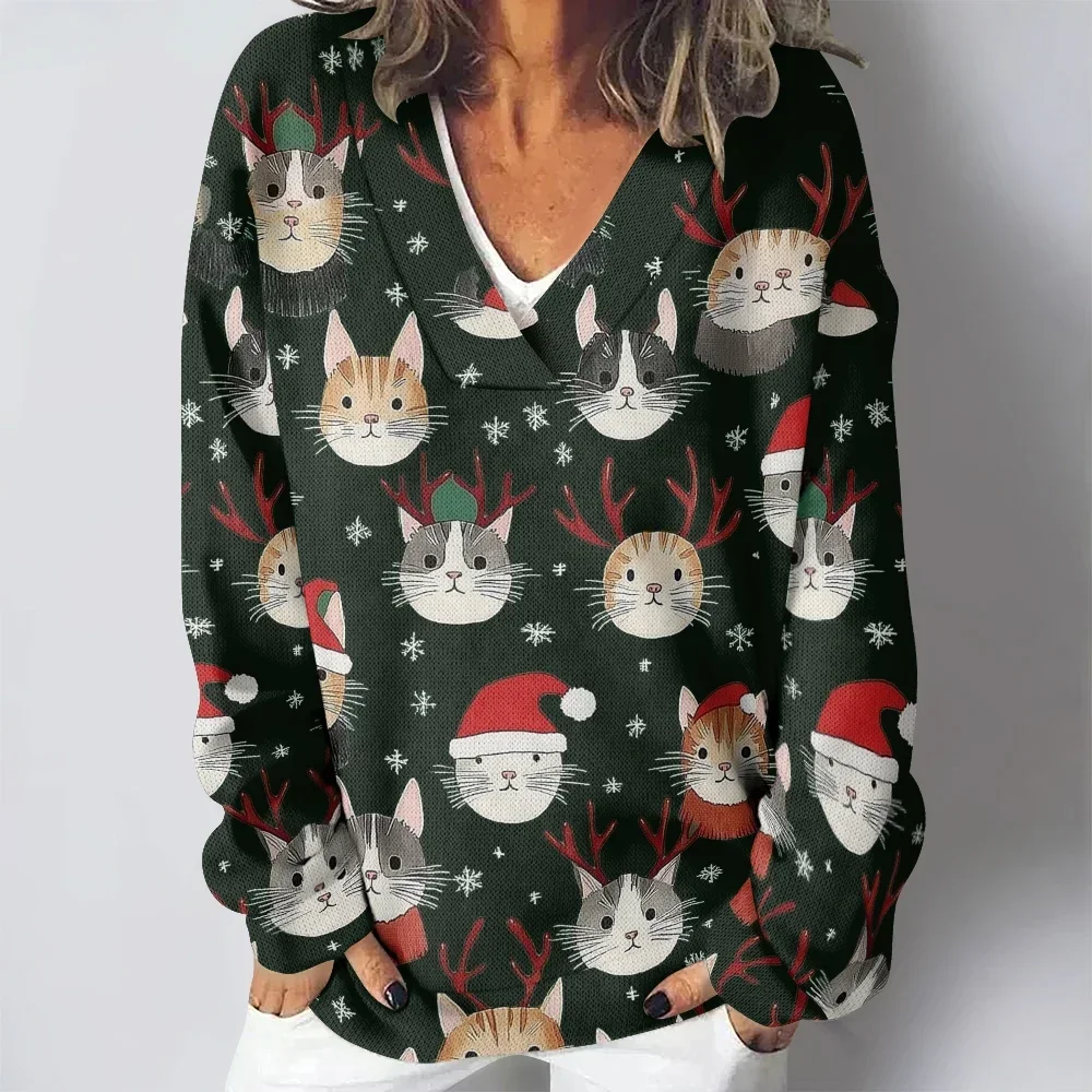 Christmas Kawaii Cats Puppy Printed V-neck Casual Women Sweatshirts Santa Claus Winter Basic Classic Holiday Couple Pullovers